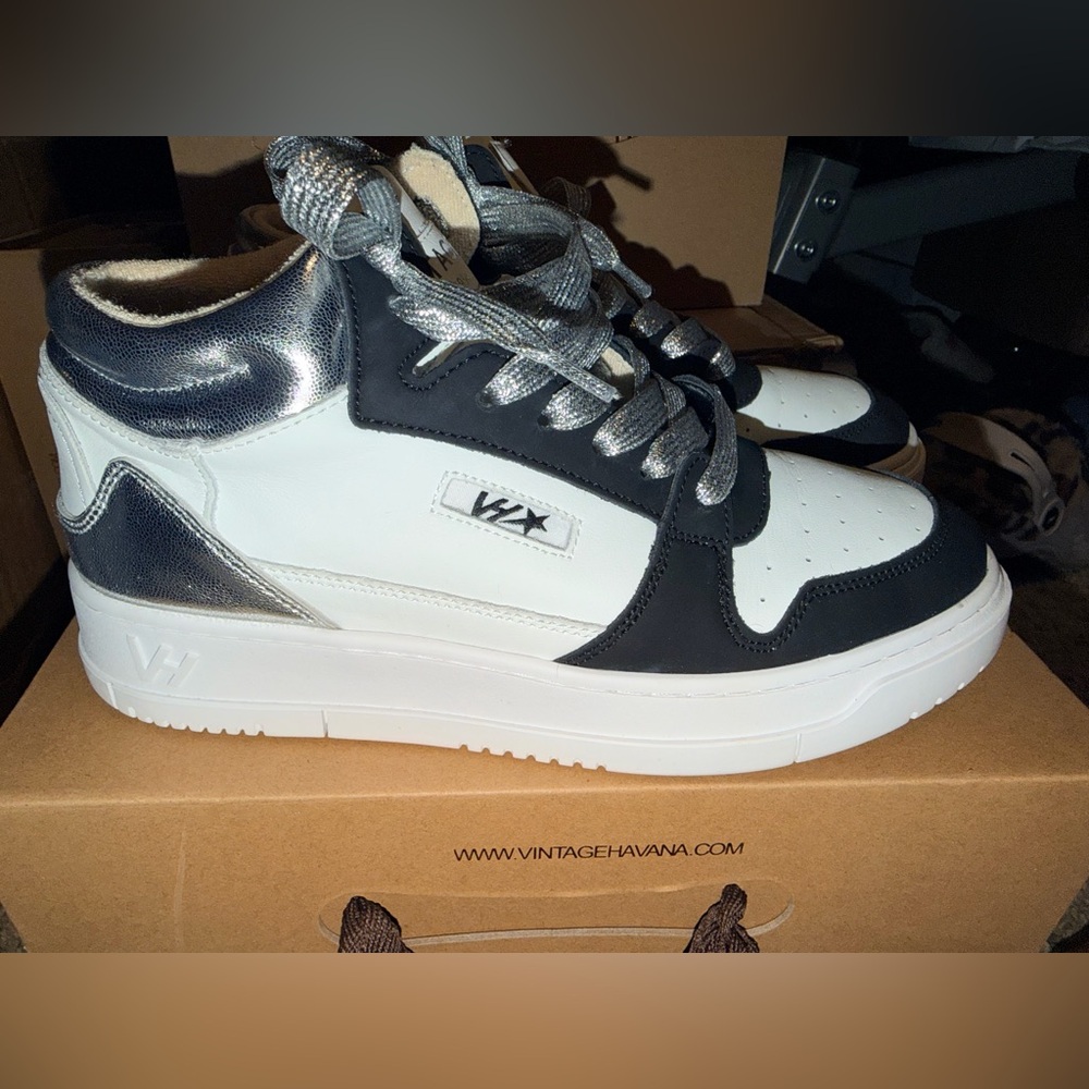 Vintage Havana Black and White High-Top Sneakers with Silver Details